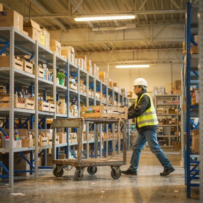 Heavy duty casters on a warehouse platform trolley
