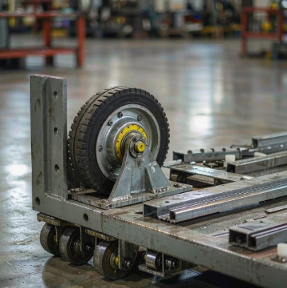 Industrial casters on a factory material handling cart
