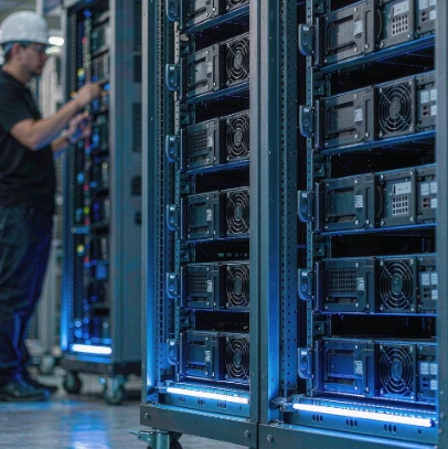 Server cabinets on heavy-duty caster wheels in a data center
