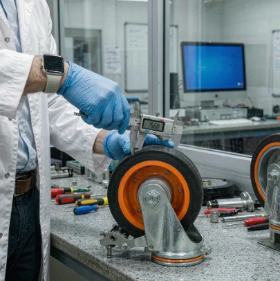 Engineer measuring a custom caster wheel in the quality inspection lab